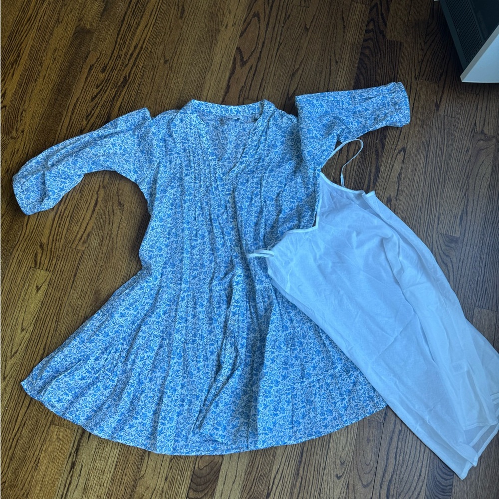 LAKE Blue Floral V-Neck Swing Dress with White Slip